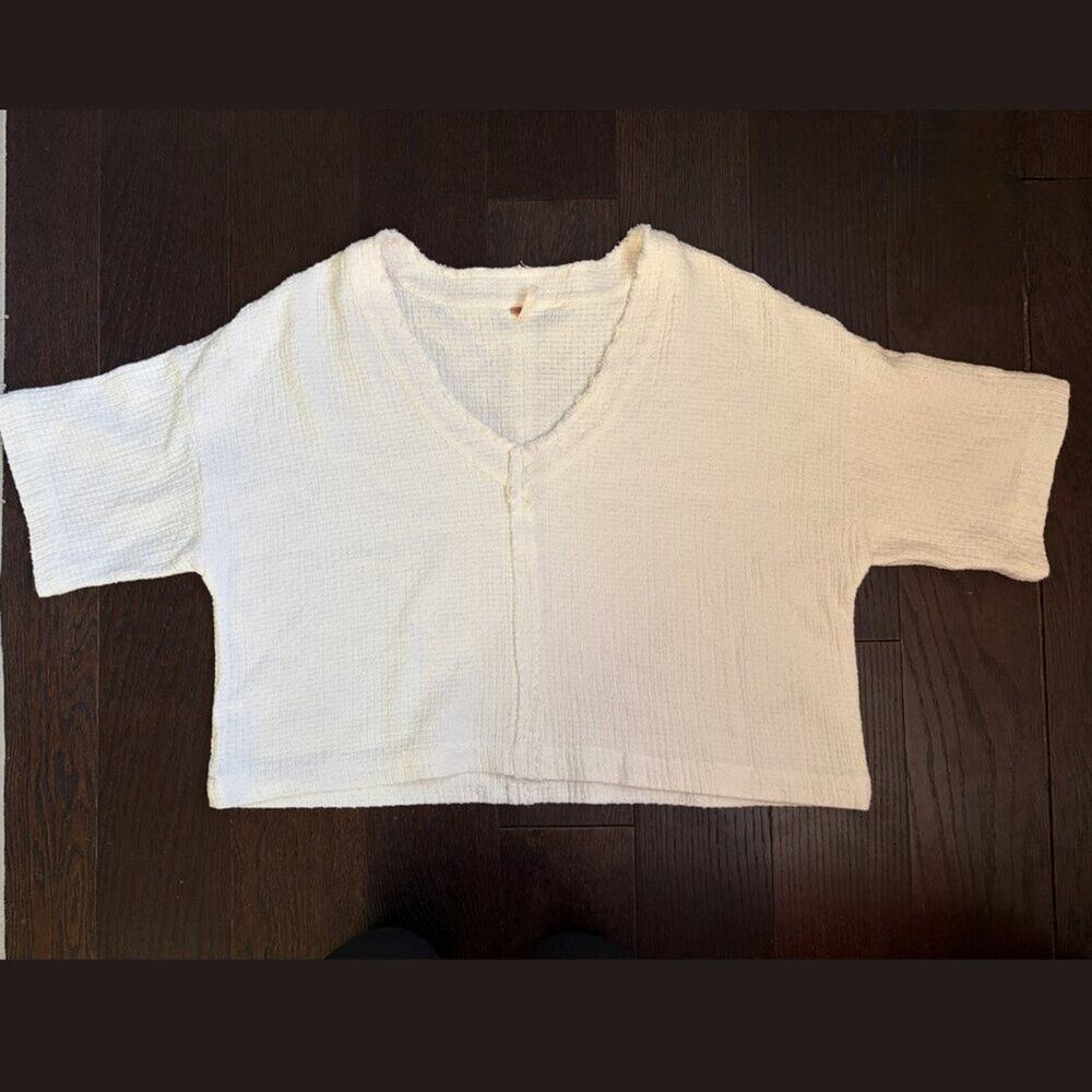 Free People Thermal Waffle-Knit V-Neck Short Sleeve Top (White) - Size Large - Picture 7 of 11